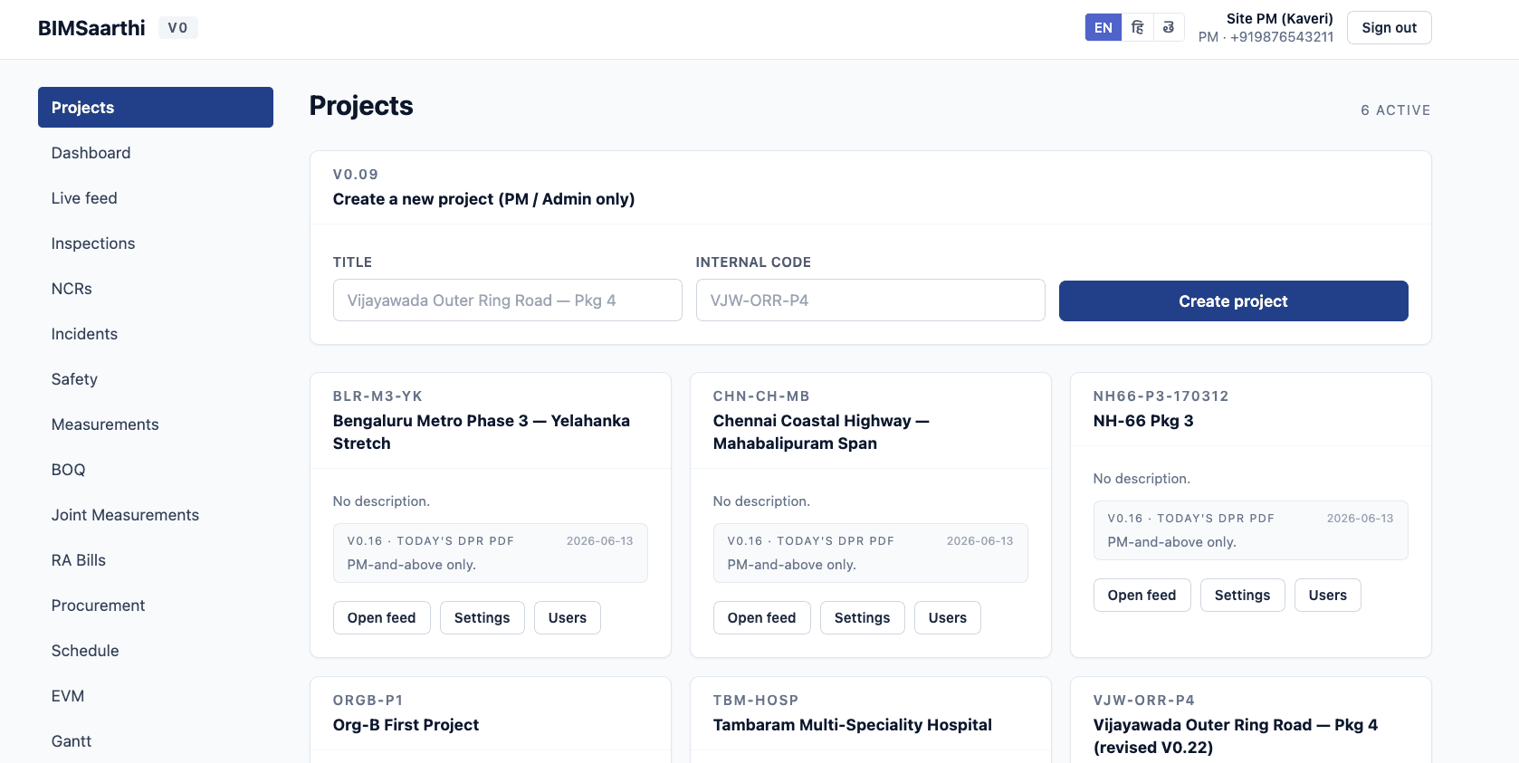 BIMSaarthi projects list showing real Indian infrastructure projects